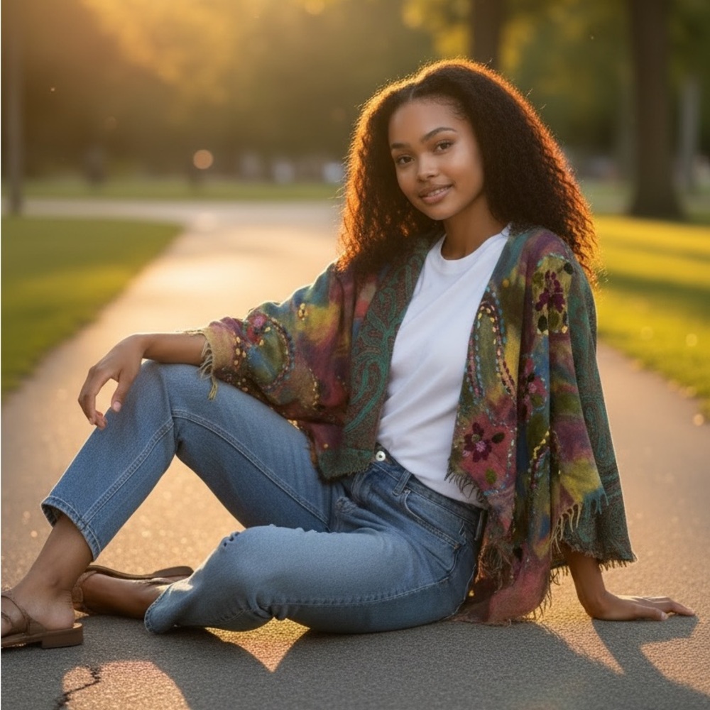 ANU By Natural Women’s Bohemian Tapestry Wool Shawl/ Shrug Cardigan Large XL